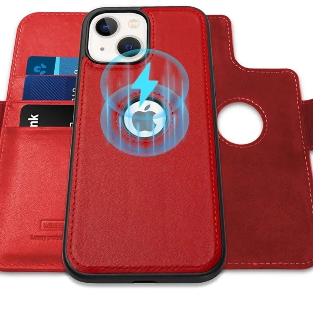 WENSELLE Luxury Red Leather Wallet Phone Case with MagSafe & Card Slots
